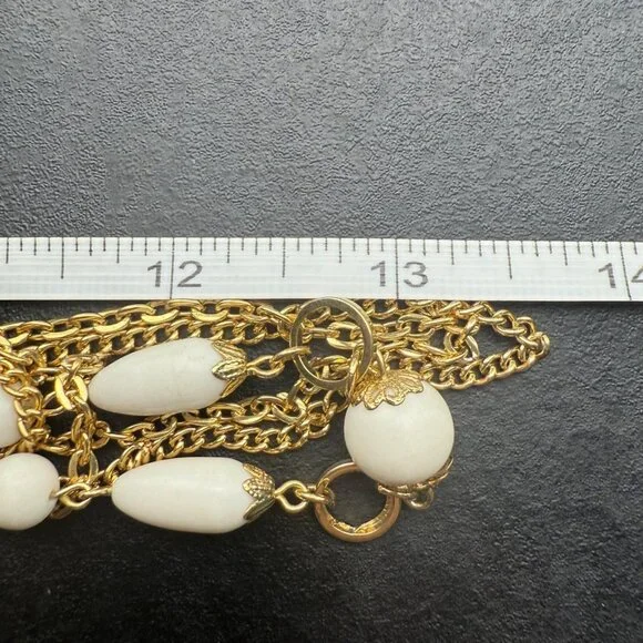 Vintage Gold-Tone Multistrand Necklace With White Plastic Beads Made In Japan - Picture 5 of 9